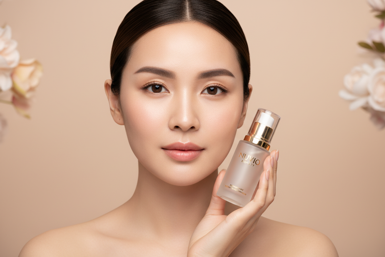 generate an aesthetically pleasing and beautiful image of a woman centered on the image holding a nuvio beauty bottle with a image size square 
